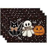 Artoid Mode Polka Dot Ghost Pumpkin Cat Boo Halloween Placemats Set of 4, 12x18 Inch Seasonal Fal...