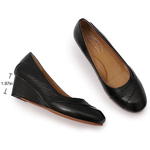 Image of Mona flying Women's Leather Closed Toe Mid Heel Wedges Comfy Dress Pumps