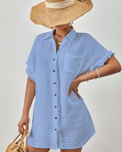 Bsubseach Women Swimsuit Coverup Button Down Bathing Suit Cover Ups for Swimwear Short Sleeve Bikini Beach Shirt2