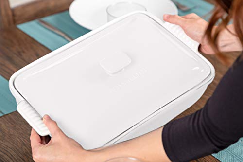 Rossallini Stoneware Casserole Dish Bakeware Set With Lid, Covered Rectangular Dinnerware, Extra Large 4.23 Quart, 13 By 9 Inch, Bianco [White] #TOP3