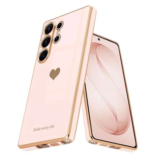 Teageo Kompatibel mit Samsung Galaxy S23 Hülle, Süße Herzmuster Mädchen Handyhülle Luxuriös Galvanisierte Glitzer Weich TPU Kameraschutz Kratzfest Stoßfest Schutzhülle für Galaxy S23 Schutzhülle