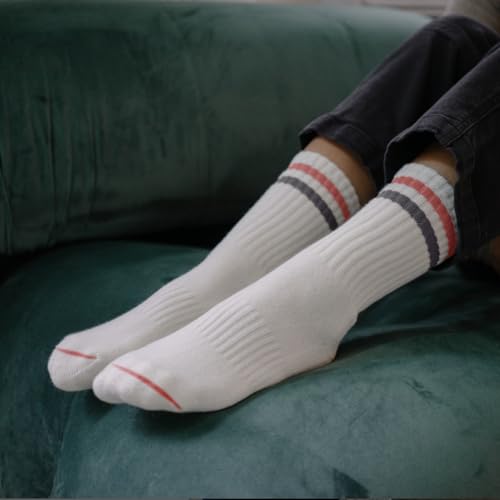 3-6Pairs Cushioned Crew Socks Retro Striped Socks Women Mid Calf RibTube Socks3