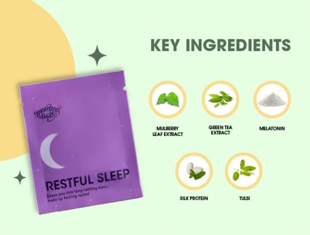 Image of Morning Fresh Restful Sleep Aid - Pack of 7 sachets. Helps improve the quality of sleep with Mulberry Extract leaf & L-Theanine, Silk Protein, & Melatonin (5mg).