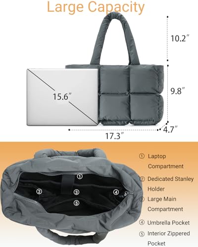 Image of Herald Puffer Tote Bag for Women, Large Quilted Puffy Handbag Lightweight Satchel Purse with Cup Holder & Compartment