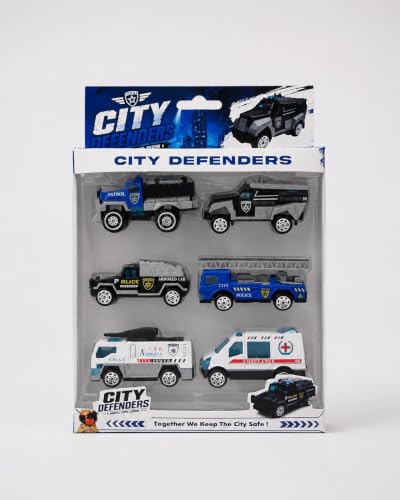 Image of City Defenders Emergency Rescue Vehicle Toy Set for Kids - 6 PCS Free Wheel Police, Fire Truck, SWAT, Armored Vehicle & Ambulance Mini Die Cast Style Toy Cars for Boys & Girls