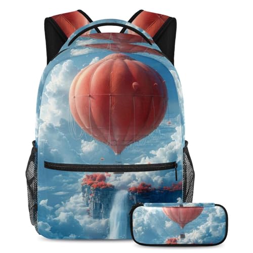 Sac à dos imprimé montgolfière rouge coloré avec sa trousse d'école assortie