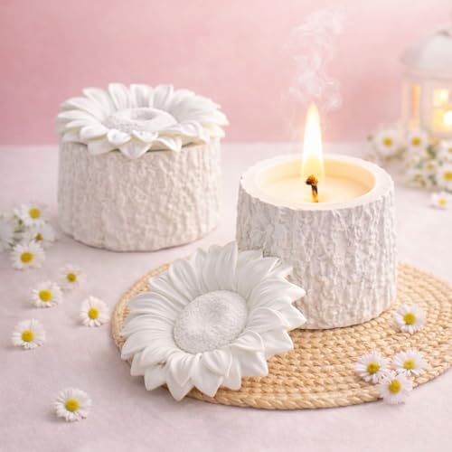 Image of Handmade Aesthetic Scented Candle with Reusable Concrete Jar & Floral Lid | Soy Wax Blend | Vanilla Aromatherapy Candle | 10+ Hours Clean Burn | Decorative Candles, Gifts (Sunflower Jar)