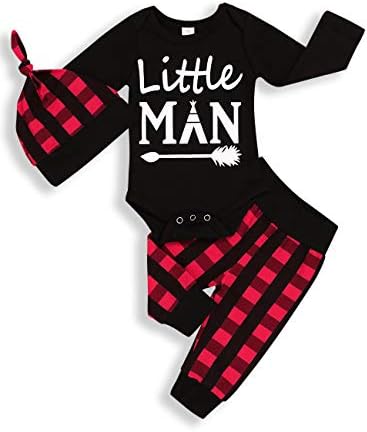 Newborn Baby Boy Girl Clothes Little Man Long Sleeve Romper,Plaid Pants + Cute Hat 3pcs Outfit Set (A-Black,3-6 Months)