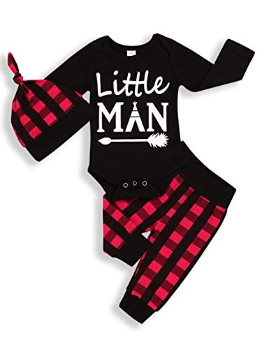 Newborn Baby Boy Girl Clothes Little Man Long Sleeve Romper,Plaid Pants + Cute Hat 3Pcs Outfit Set (A-Black,3-6 Months) #TOP8