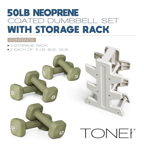 Image of Tone Fitness Neoprene Dumbbell Set with Storage Rack - Non-Slip, Anti-Roll Hand Weights for Home Gym Workouts | 20 lb, 32 lb, 50 lb, 60 lb & 100 lb Options