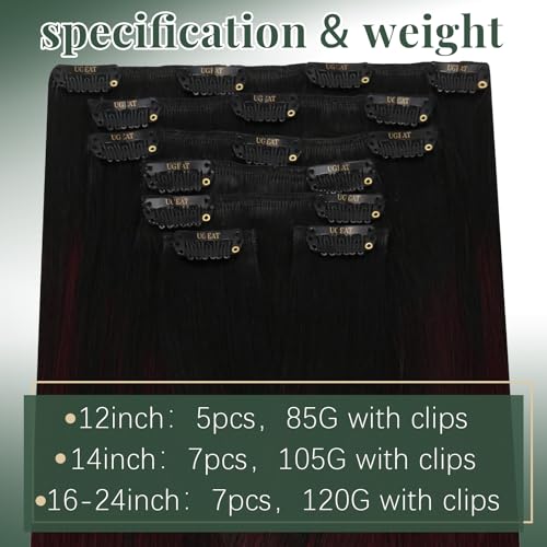 Image of Ugeat Human Hair Clip in Extensions, Clip in Human Hair Extensions 22 Inch 7pcs 120g, Clip on Hair Extensions for Women, Natural Black Ombre Burgundy