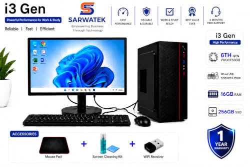 Image of Desktop Computer Full Setup, Core i3 6th Gen, 16GB RAM, 256GB SSD, 18.5 Inch LED Monitor, WiFi Adapter, Keyboard & Mouse, Mouse Pad & Cleaning Kit