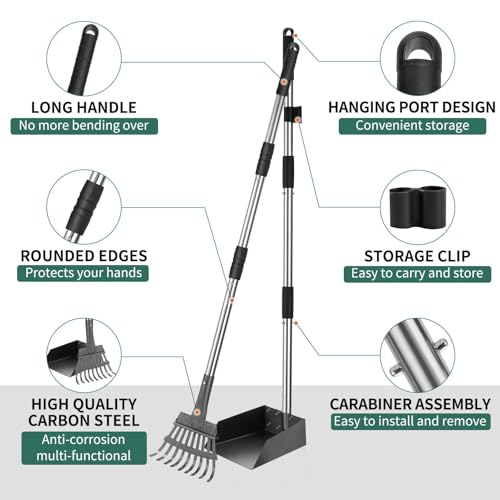 Image of SCENEREAL Dog Pooper Scooper for Yard-Tray & Rake Set, Long Handle Metal Poop Scooper for Large Medium Small Dogs, Pet Waste Removal Scoop with No Bending Detachable for Outdoor Grass Dirt Gravel