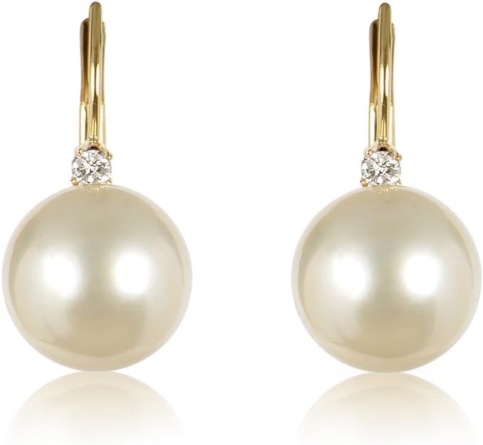 14K Yellow Gold 9-10mm Golden South Sea Cultured Pearl Leverback Earrings with .06cts of White Diamonds