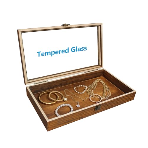 image for MOOCA Wood Glass Top Jewelry Display Case Accessories Storage, Wooden 