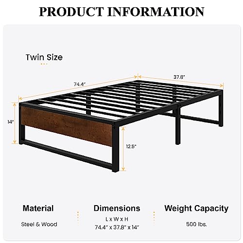Sha Cerlin 14'' Twin Size Metal Platform Bed Frame With Rustic Wood & Reverse Holes/Ample Under-Bed Storage Space/Mattress Foundation/No Box Spring Needed/Easy Assembly/Noise Free, Metal Slats #TOP1