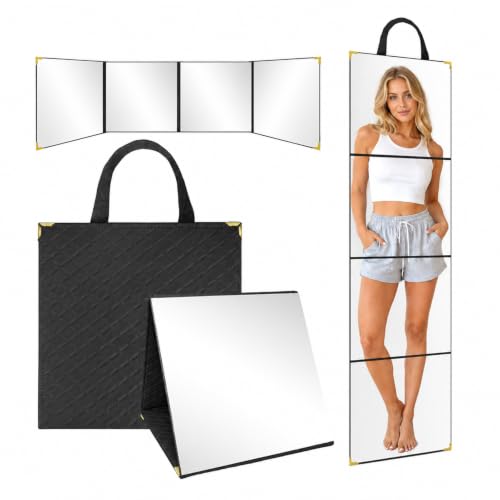 MEYBPTU 3 Way Foldable Full Length Mirror, 47"x 11" Portable Hanging Camping Mirror with Handle & PU Leather Cover, Shatterproof Acrylic Body Looking Glass for Dance, Travel, Makeup & Fitness (Black)