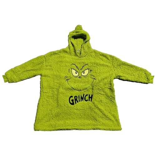 Disney Sudadera Manta Polar Oversize, Diseño Stitch y Angel,Kuromi y Grinch Bata Calentita de Casa, 100% Poliéster Sedalina, Talla Única, para Adultos y Niños (Grinch Niño)
