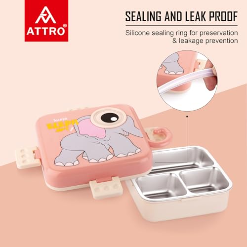 Image of ATTRO Carnival Super Elephant Lunch Box 2 Layer Stainless Steel Lunch Box Comes with 1 Detachable Tray, 1 Small Container & 1 Spoon Ideal for Kids BPA Free 1120ml+70ml- Peach