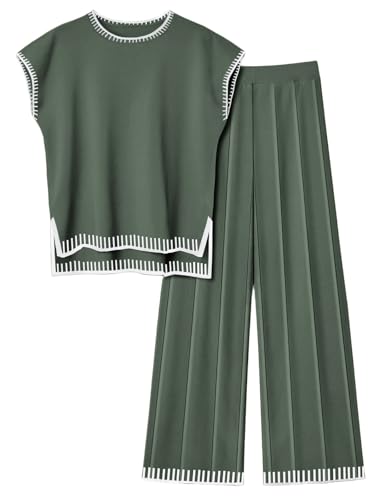 Image of Ekouaer Womens Matching Sets Knit Sweater Sets 2 Pieces Lounge Set | Pullover Tops Wide Legs Pants Casual Outfits
