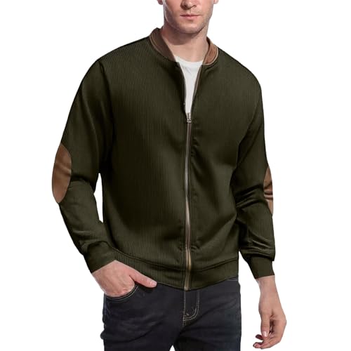 Mens Full Zip Stand Collar Sweatshirt Corduroy Vintage Pullover with Distressed Elbow Patches Utility Style Shirts3