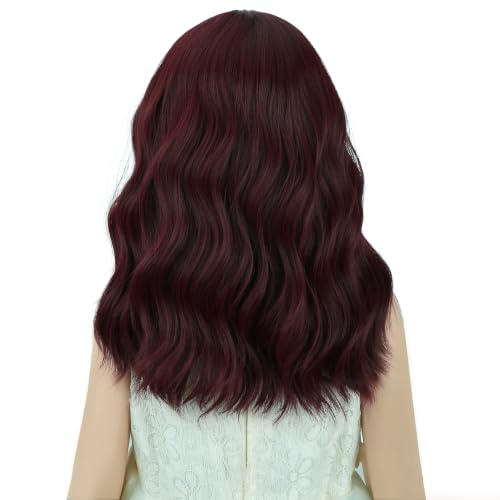Image of Deep Red Wig Short Red Wavy Curly Wigs Wig with Air Bangs Synthetic Cosplay Hair Wigs