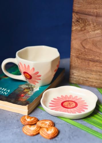 Image of WEAVING HOMES Handcrafted CeramicFlower Mug & Dessert Plate (Set of 2, Multicolor) - Coffee Mugs and Dessert Plates for Birthday Gifts, Mugs for Office and Travel
