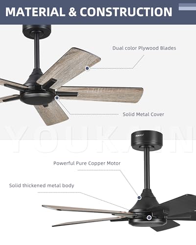 Image of YOUKAIN 42 Inch Smart Ceiling Fan Without Lights, Black Modern Ceiling Fan with Remote & Voice Control, Reversible Blades, Indoor Outdoor Ceiling Fan for Patio Living Room, 42-YJ812-BK-NL