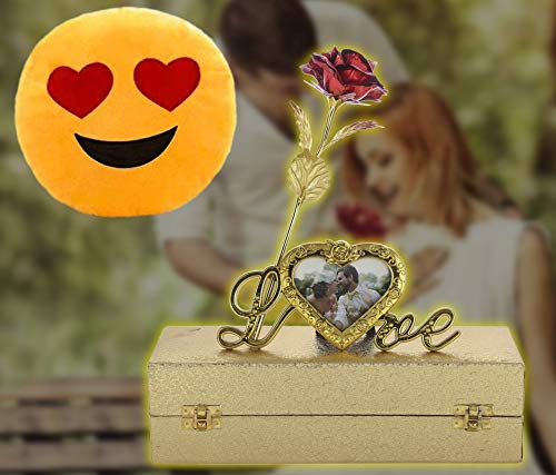 INTERNATIONAL GIFT Red Rose Flower 25 cm with Photo Frame Love Stand with Luxury Golden Gift Box Packing with Emoji Heart Smiley Cushions-image-30