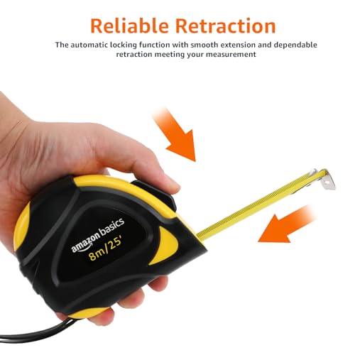 Image of Amazon Basics Self-Locking Tape Measure, 25ft (8-Meters), Accurate Dual Scale inch /Metric, MID Accuracy, Extendable, Yellow, 2 Count (Pack of 12)