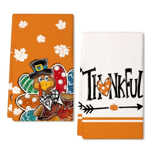 Arkeny AD375 Turkey Pumpkin Thanksgiving Kitchen Towels,Orange Maple Leaves Thankful Sign Autumn Dish Towels 18X26 Inch Set Of 2,Farmhouse Home Seasonal Harvest Vintage Decorations Ad375 cover