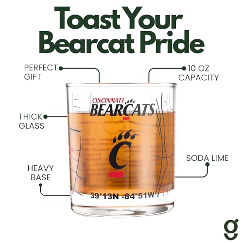 Image of Greenline Goods University of Cincinnati Bearcats Whiskey Glasses Set of 2, 10 oz Rocks Glasses with Full-Color Logo & Campus Map - Officially Licensed Bourbon Glass Gift for Alumni & Fans