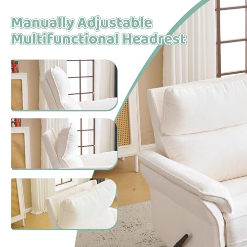 Image of Oversized Swivel Rocker Recliner with Adjustable Headrest, Rocking Chair Nursery with Overstuffed Armrest, Manual Rocker Recliner Nursery Chair for Living Room, White