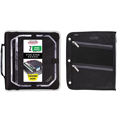 Five Star Bundle : 2 Inch Zipper Binder, 3 Ring Binder, Black/Gray (29052IT8) & Zipper Pencil Pouch, Pen Holder, Fits 3 Ring Binders, Assorted Colors, Color Will Vary (50642)