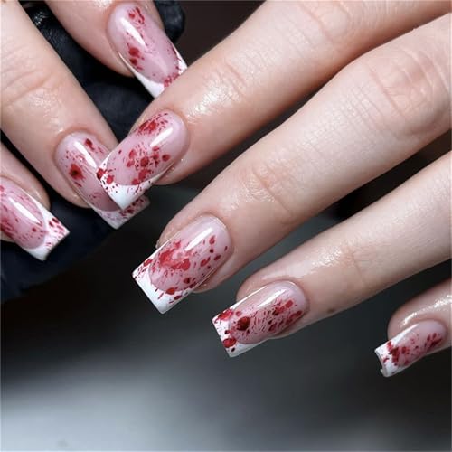 Uñas postizas cortas cuadradas a presión con sangre roja para Halloween, decoración de uñas francesas blancas para mujeres y niñas, 24 unidades