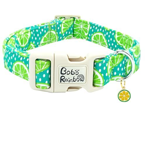 Image of Summer Fresh Green Lime Print Dog Collar for Small Dogs | Green Lemon,Beach Trip,Pool Party,Daily Walking,Adjustable,Cotton Fabric,Quick Release Plastic Buckle,Pendant,Female /Male Dog