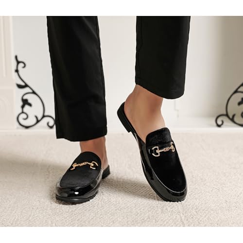 Image of FLQL Men's Leather Scuff Slippers Velvet Slip On Loafers Fashion Backless Mule Clogs Anti-Slip Sandals Slides for Men and Women Designer Size 7-13