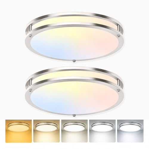 Image of 2-Pack 16 inch Large Dimmable LED Flush Mount Ceiling Light Fixture, 50W 5400 Lumen Bright Brushed Nickel Light Fixture for Bedroom Kitchen Living Room, 2700K /3000K /3500K /4000K /5000K Selectable