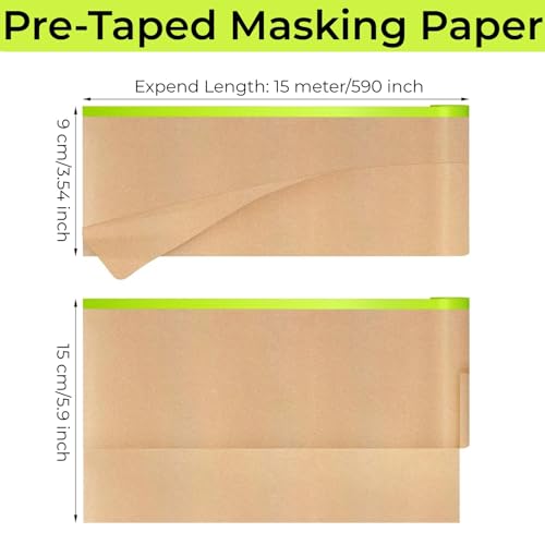 Image of Pre-Taped Painting Masking Paper: 8 Rolls 6 Inch x 50 Feet Tape and Drape Painters Paper, Self-Adhesive Paint Protective Kraft Paper Roll