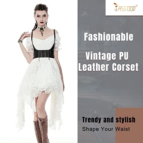 JASGOOD Women Faux Leather Corset Waist Belt Elastic Wide Underbust Corset Lace-up Steampunk Waspie Belt For Halloween2