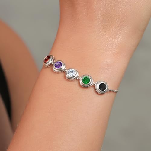Gem Stone King 925 Sterling Silver Customized and Personalized 5-Stone Round Bezel Gemstone Birthstone Tennis Bracelet For Women Fully Adjustable Up to 9 Inch4