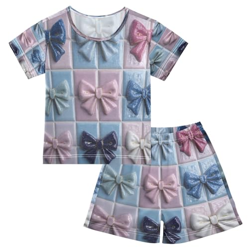 Pajama Sets Short Sleeve Bow Ties on Ceramic Tiles Soft Cotton Summer Sleepwear 2 Piece PJS Size 5-14T