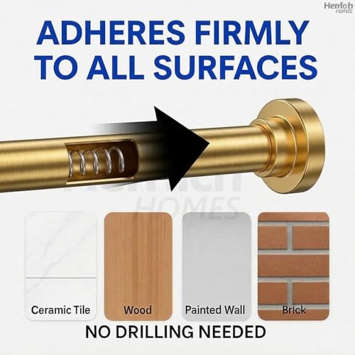 Image of Herrlich Homes (85 to 140 cm) Extendable Shower Curtain Tension Rod | Non-Drilling Anti-Skid Spring Pull Rod | Adjustable Size | With Rubber Pads | Stainless Steel | Gold | 1 Piece