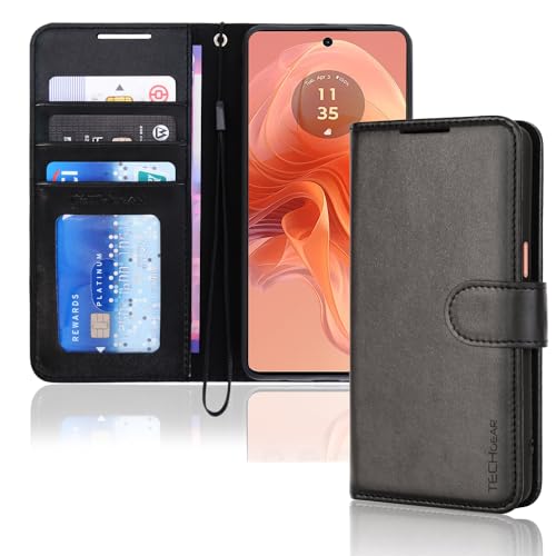 TECHGEAR Moto G04 / Moto E14 / Moto G24 / Moto G04s Phone Leather Wallet Case Flip Protective Cover with [RFID BLOCKING] Wallet Card Holder Stand & Wrist Strap Black PU Leather with Magnetic Clasp