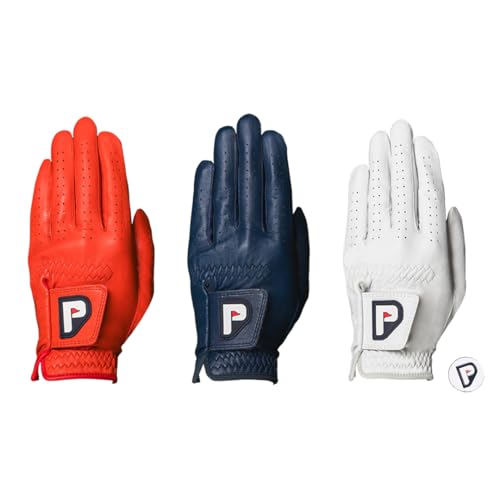 PUR3 Cabretta Leather Men's Golf Glove, Ultra Soft - 3 Pack (Red, Blue and White), with Ball Marker...
