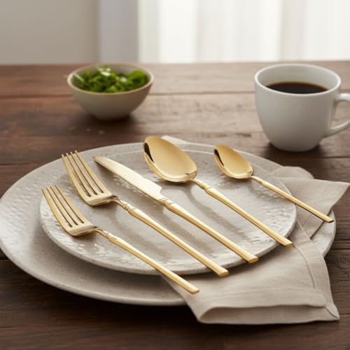 Image of 30 Pcs Gold Cutlery Set for Dining Table the Perfect Lightweight Silim Handle Tableware Including Dinner Spoon, Dinner Fork, Dinner Knife, Dessert Spoon & Dessert Fork