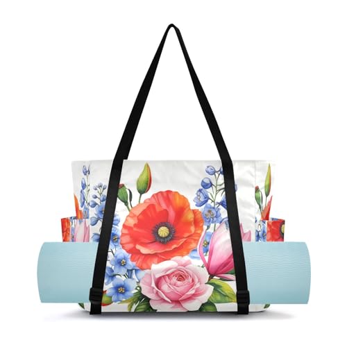 Lxqimora Rose Floral White Yoga Mat Bag for Women Water-Resistant Gym Bag with Yoga Mat Holder Tote Bag for Pilates Yoga Office Gym