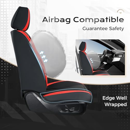 Image of Coverado Seat Covers, Car Seat Covers Front Seats, 2 Pack Black and Red Leather Seat Covers, Waterproof Car Seat Protector with Lumbar Support, Front Seat Covers Universal Fit for Most Cars