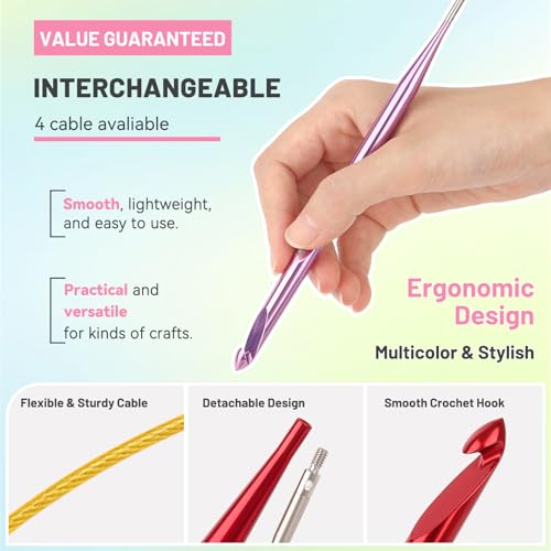 Image of Aeelike Interchangeable Tunisian Crochet Hooks Set, 12 Sizes Colorful Tunisian Crochet Hooks Set with Cables 3.0mm - 10.0mm Smooth Ergonomic Hook for Making Blanket Scarves, Ideal Gift