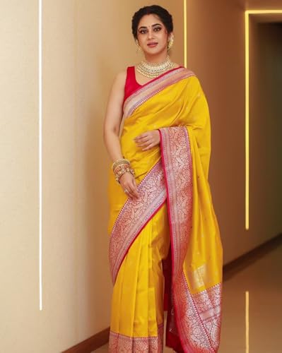 Image of Women's Soft Semi Silk Banarasi Saree and Unstitched Blouse Piece with Jacquard Zari Woven Stylish | Traditional sarees for women